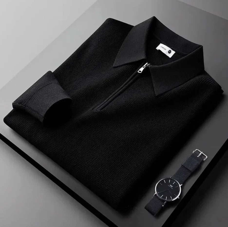 Men's Half Zip Waffle Lapel Collar Sweater