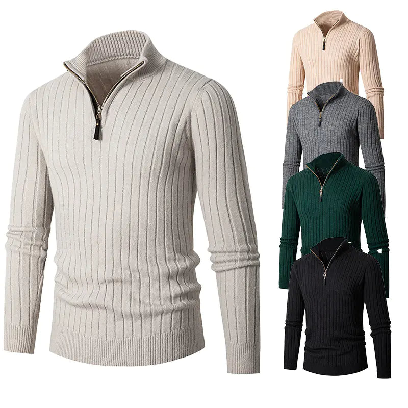 Men's Long-Sleeved Half-High Neck Zip-Up Sweater