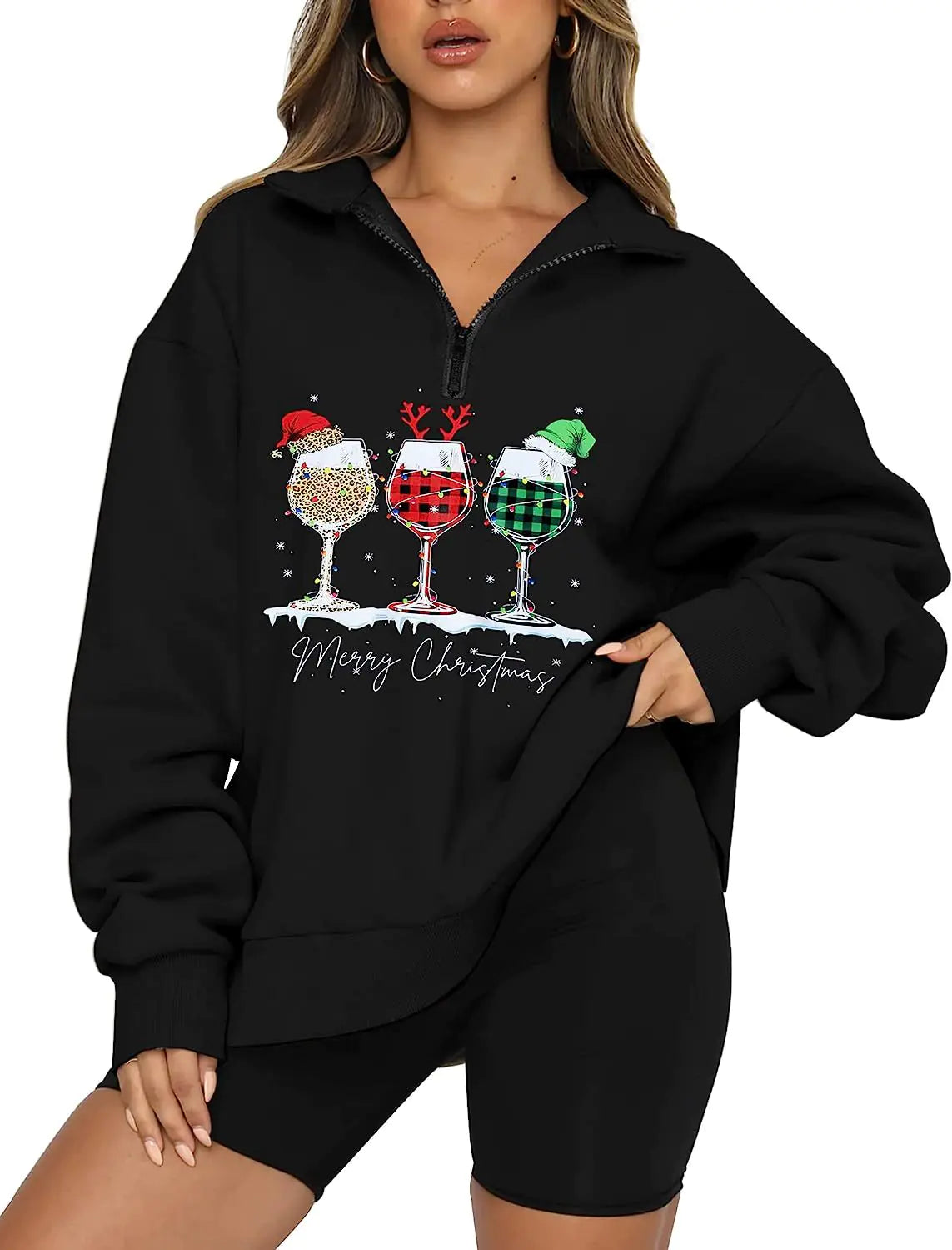 Plus Size Christmas Half Zip Hoodie