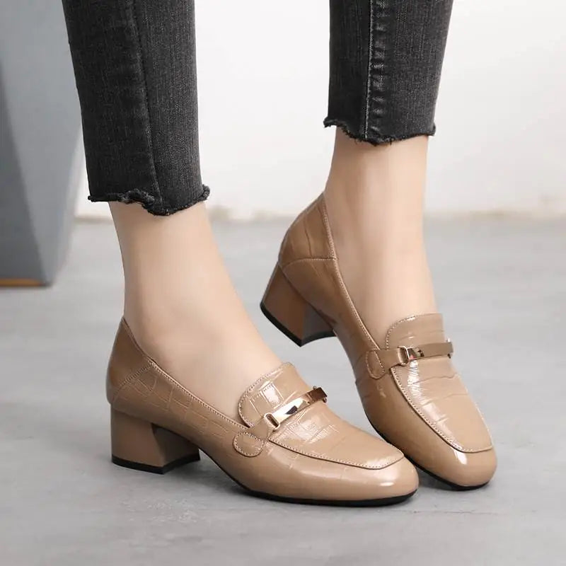 Zapatos de Cuero Cómodos de Tacón Medio para Mujer de Moda Coreana