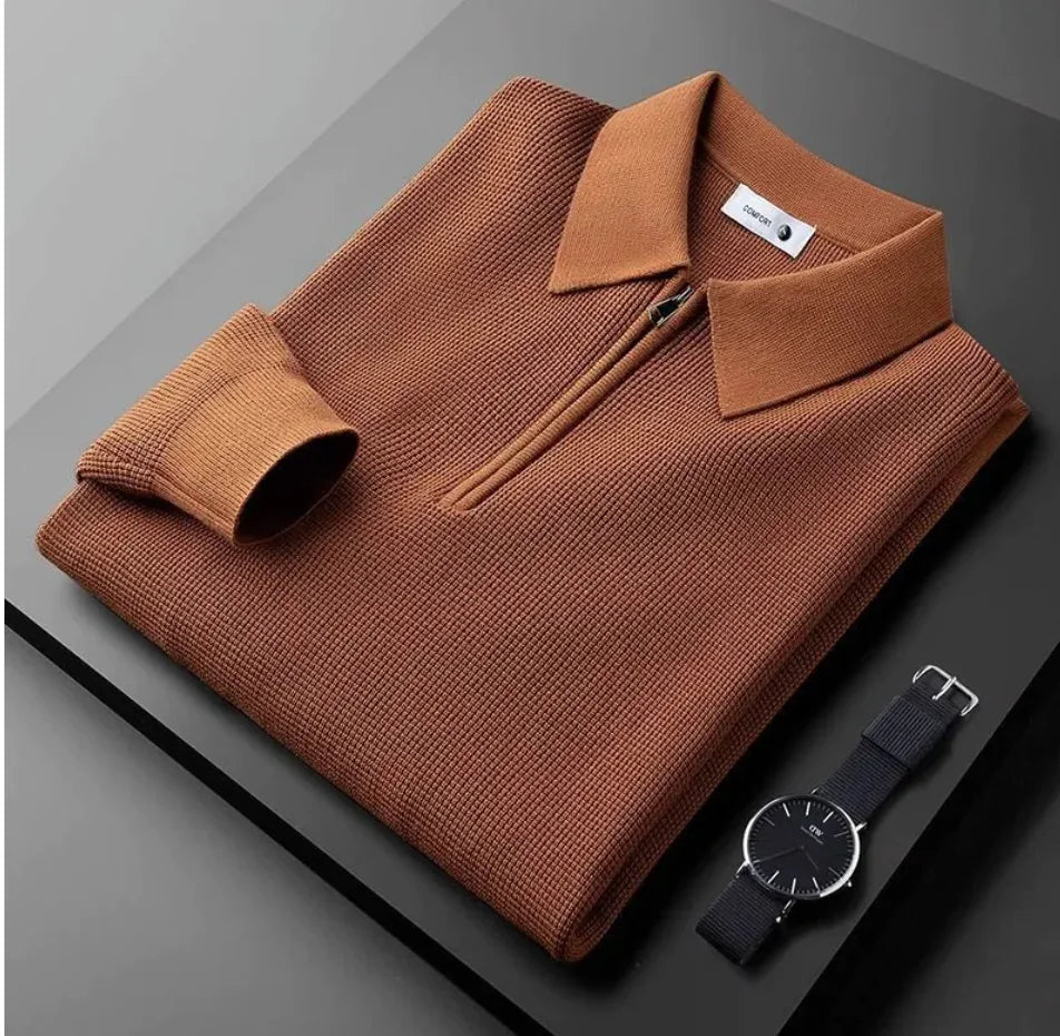 Men's Half Zip Waffle Lapel Collar Sweater