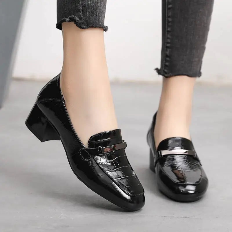 Zapatos de Cuero Cómodos de Tacón Medio para Mujer de Moda Coreana