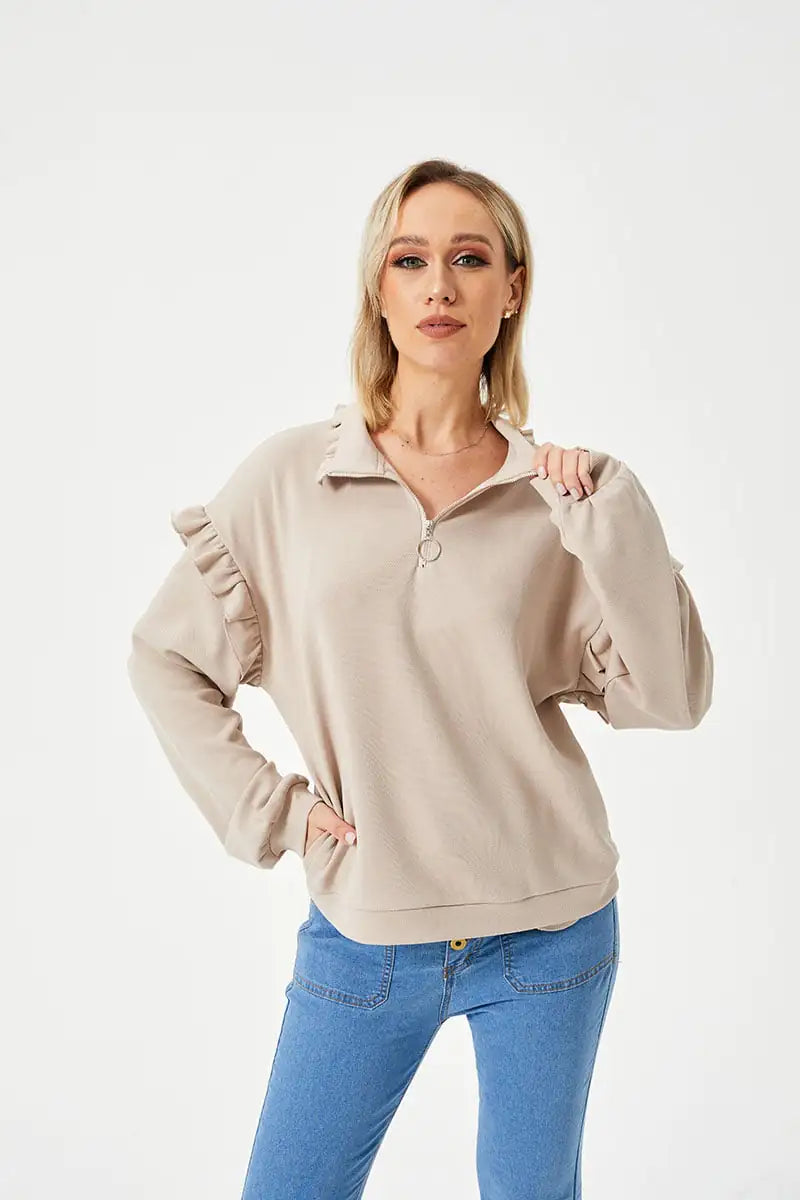 Casual Ruffle Trim Half Zip Sweatshirt for Women