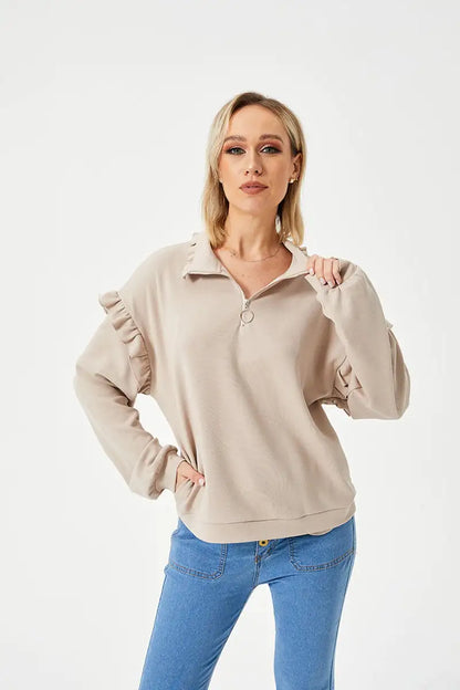 Casual Ruffle Trim Half Zip Sweatshirt for Women