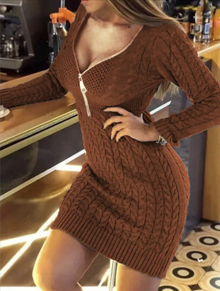 Vestido Suéter de Punto con Cremallera Media y Cuello en V
