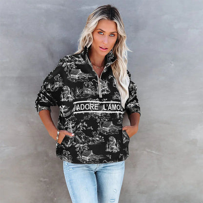 Printed Women's Half-Zip Sweatshirt with Stand Collar