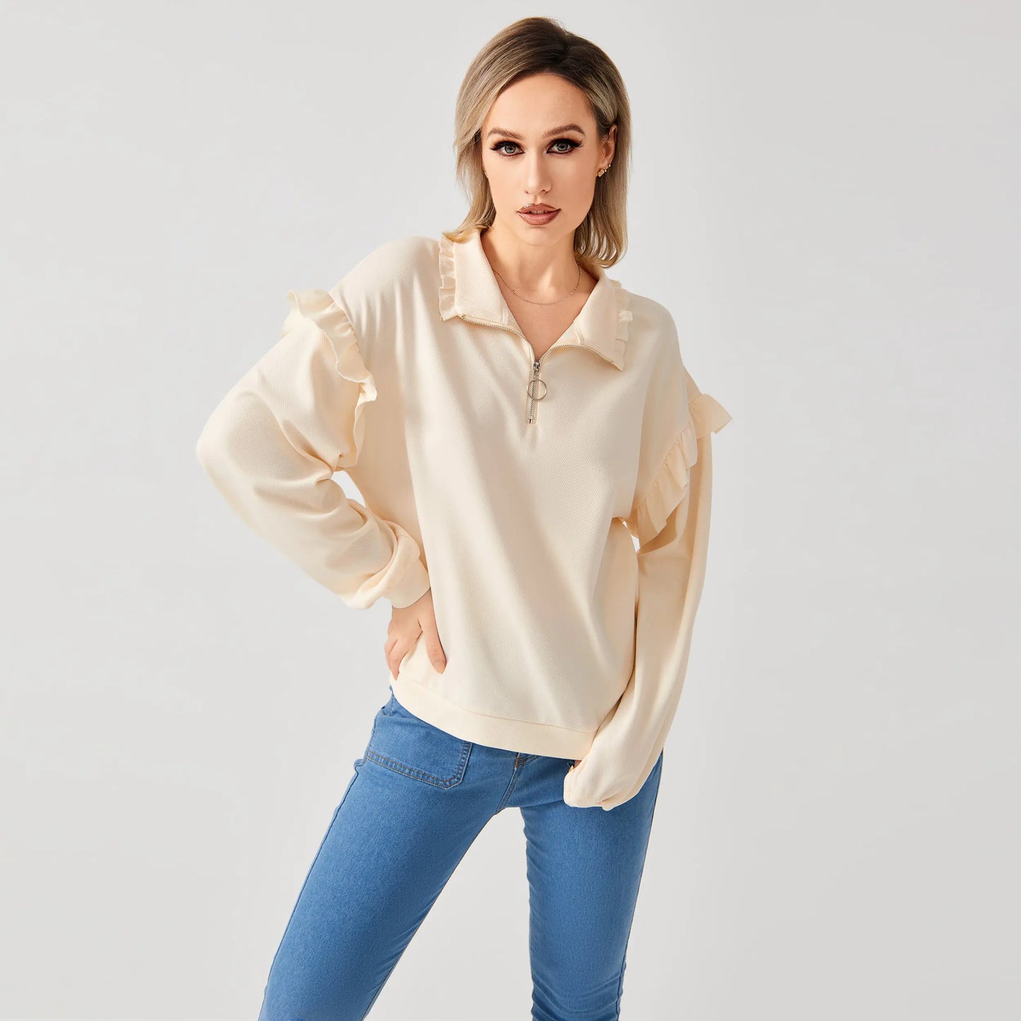 Casual Ruffle Trim Half Zip Sweatshirt for Women