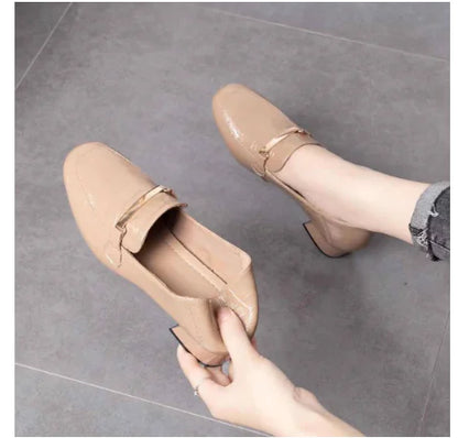 Zapatos de Cuero Cómodos de Tacón Medio para Mujer de Moda Coreana