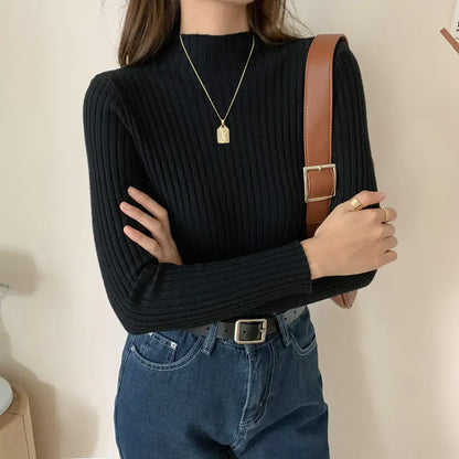 Women's Slim Fit Black Half-High Neck Knit Sweater