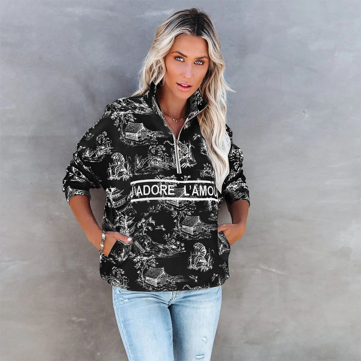 Printed Women's Half-Zip Sweatshirt with Stand Collar