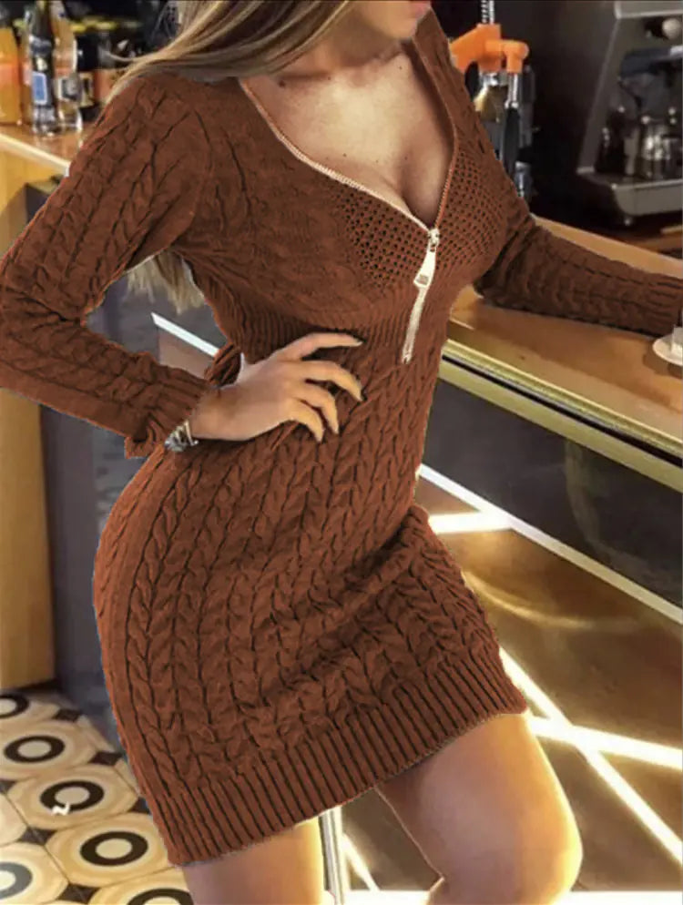 Vestido Suéter de Punto con Cremallera Media y Cuello en V de Otoño Invierno