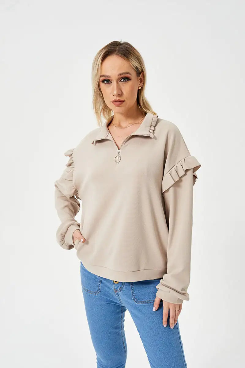 Casual Ruffle Trim Half Zip Sweatshirt for Women