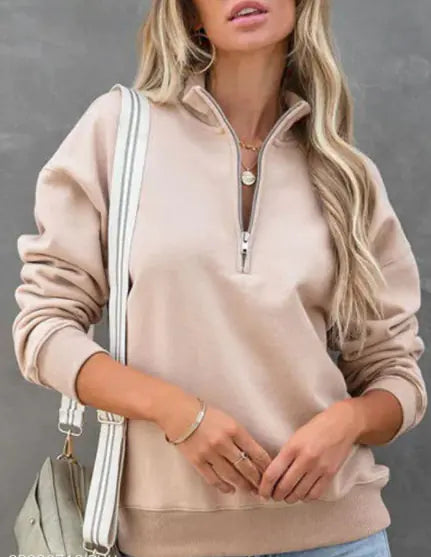 Suéter Largo de Manga Larga con Cremallera y Solapa para Mujer en Color Sólido