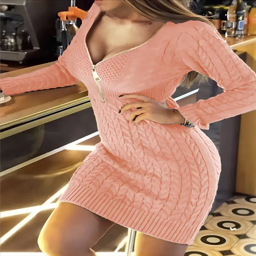 Vestido Suéter de Punto con Cremallera Media y Cuello en V de Otoño Invierno