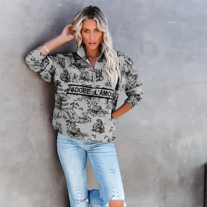 Printed Women's Half-Zip Sweatshirt with Stand Collar