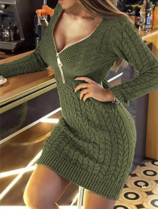 Vestido Suéter de Punto con Cremallera Media y Cuello en V de Otoño Invierno