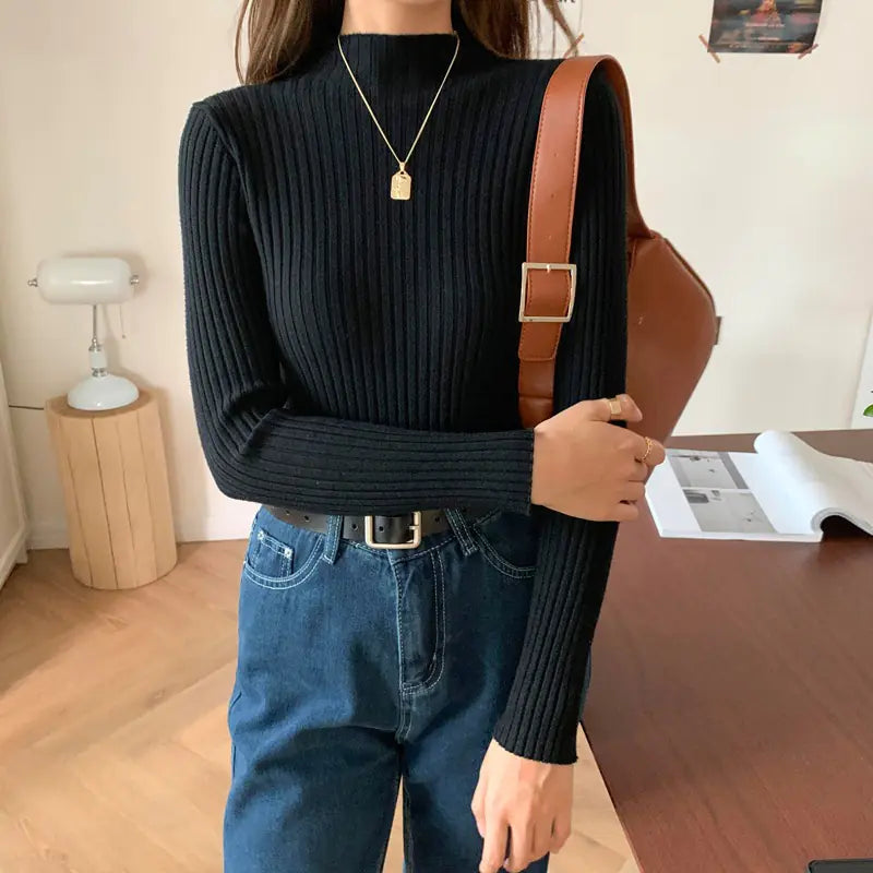 Women's Slim Fit Black Half-High Neck Knit Sweater