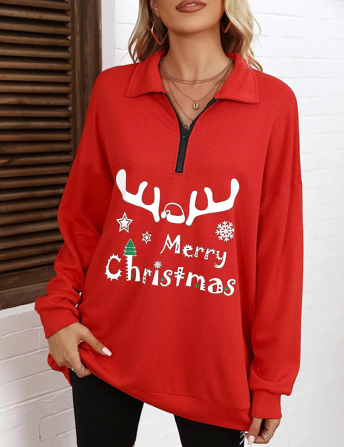 Sudadera Navideña con Capucha y Media Cremallera en Tallas Grandes para Mujer de Amazon