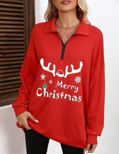 Sudadera Navideña con Capucha y Media Cremallera en Tallas Grandes para Mujer de Amazon