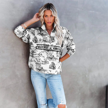 Printed Women's Half-Zip Sweatshirt with Stand Collar