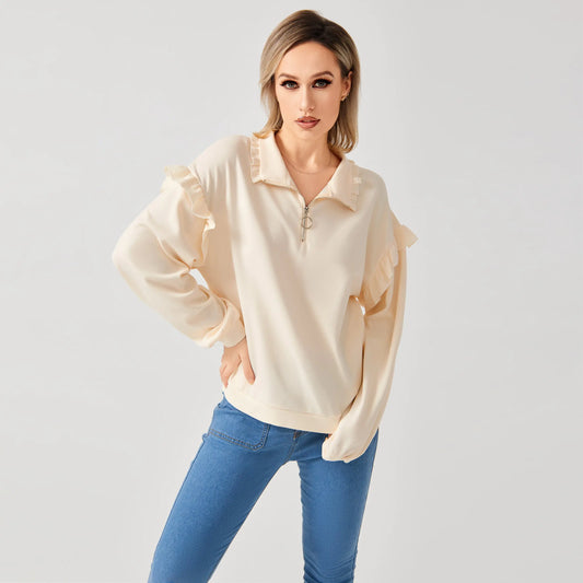 Casual Ruffle Trim Half Zip Sweatshirt for Women