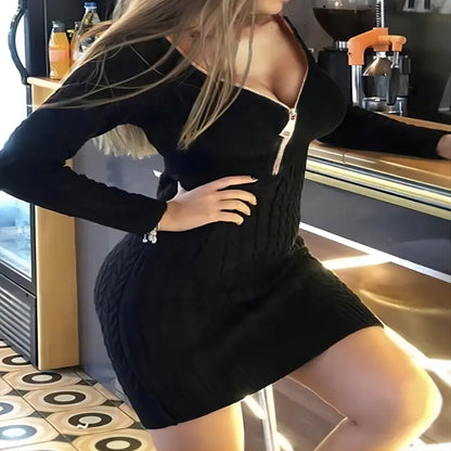 Vestido Suéter de Punto con Cremallera Media y Cuello en V de Otoño Invierno
