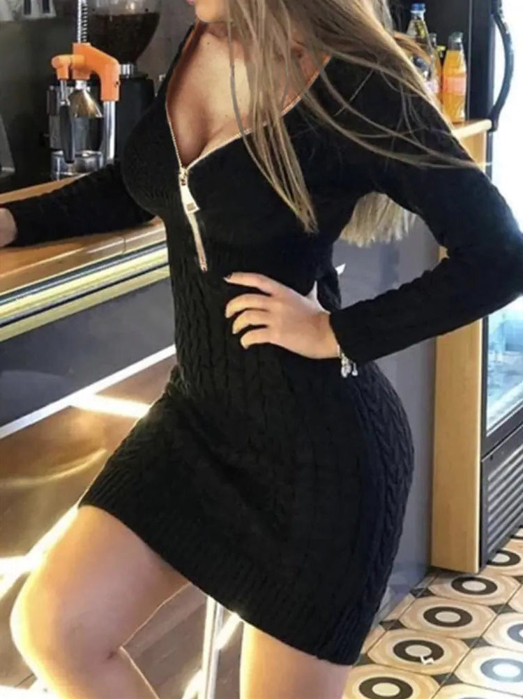 Vestido Suéter de Punto con Cremallera Media y Cuello en V